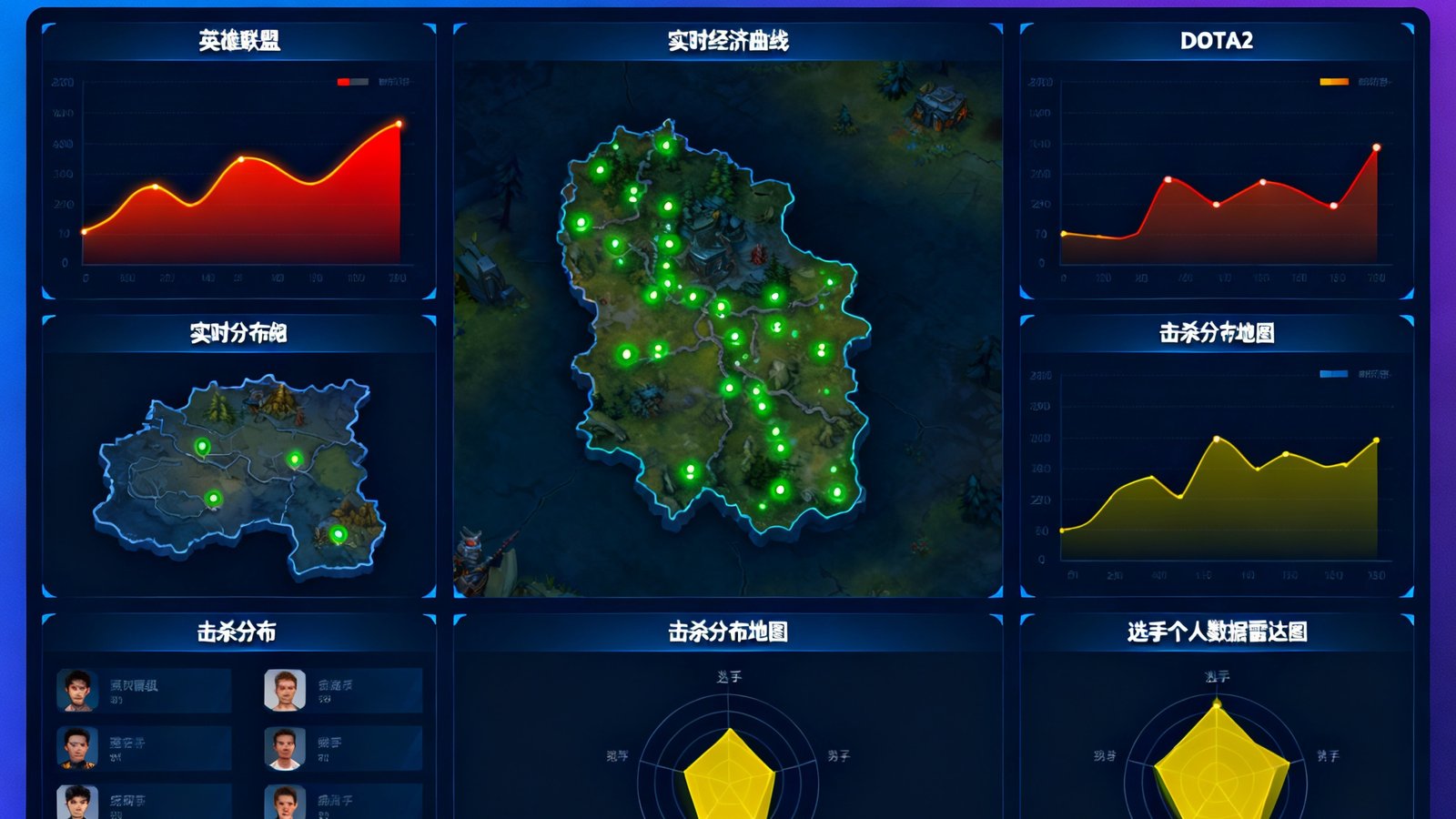 华体会电竞赛事数据面板，呈现英雄联盟和DOTA2等主流电竞项目的实时经济曲线、击杀分布地图与选手个人数据雷达图