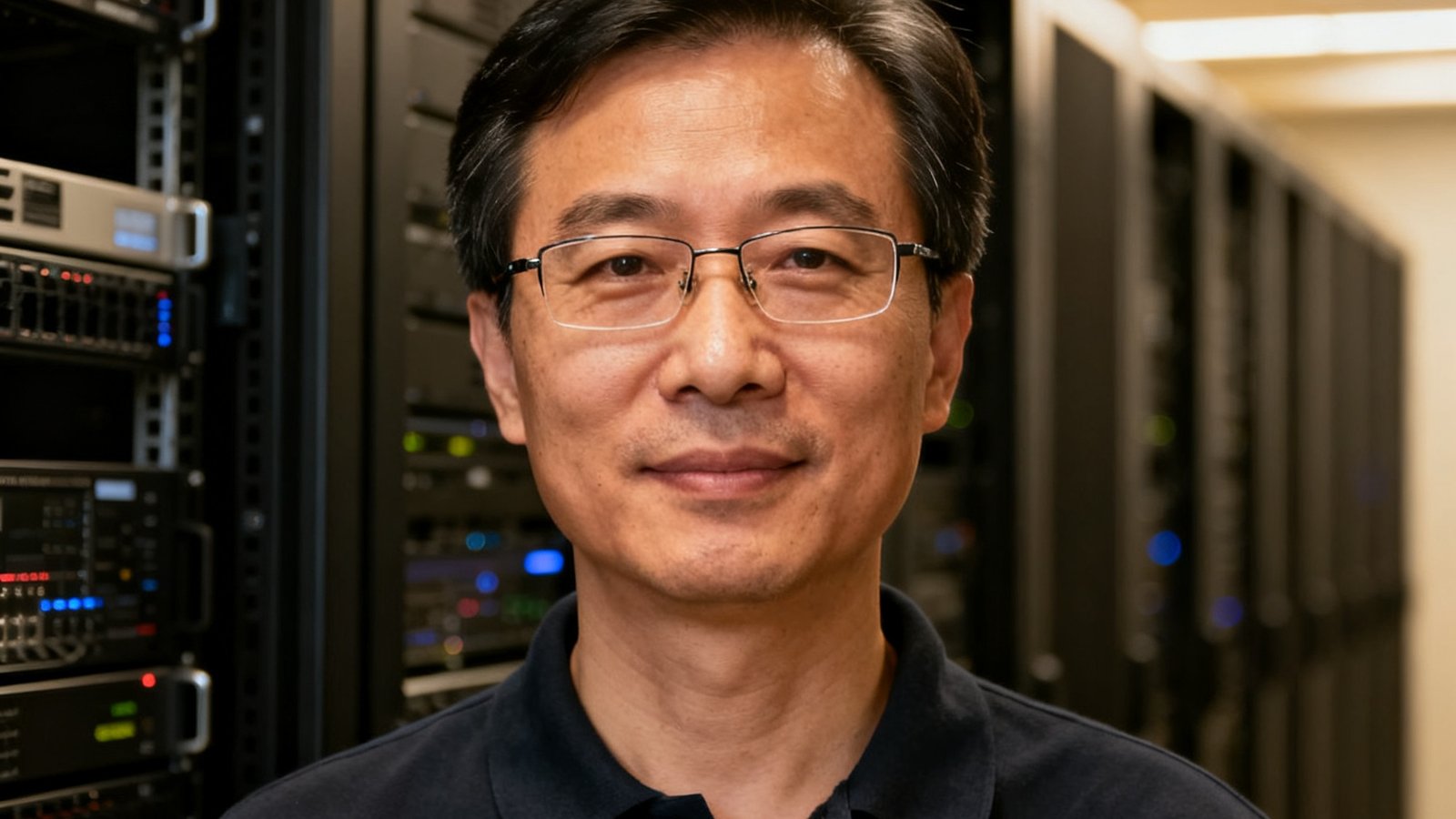 华体会首席技术官李明远博士的职业照，他约45岁，戴着眼镜，身穿深色polo衫，站在数据中心的服务器机柜前，表情专注而自信