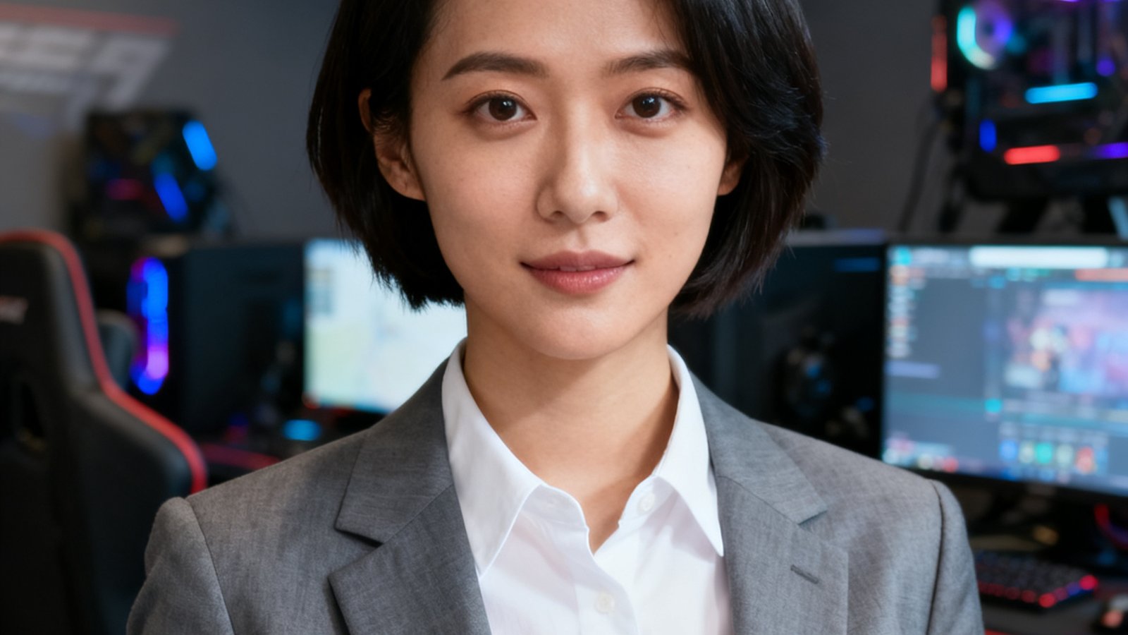 电竞战队运营经理陈雅文女士的职业照，她留着干练短发，穿着白色衬衫搭配灰色西装，背景为电竞训练基地